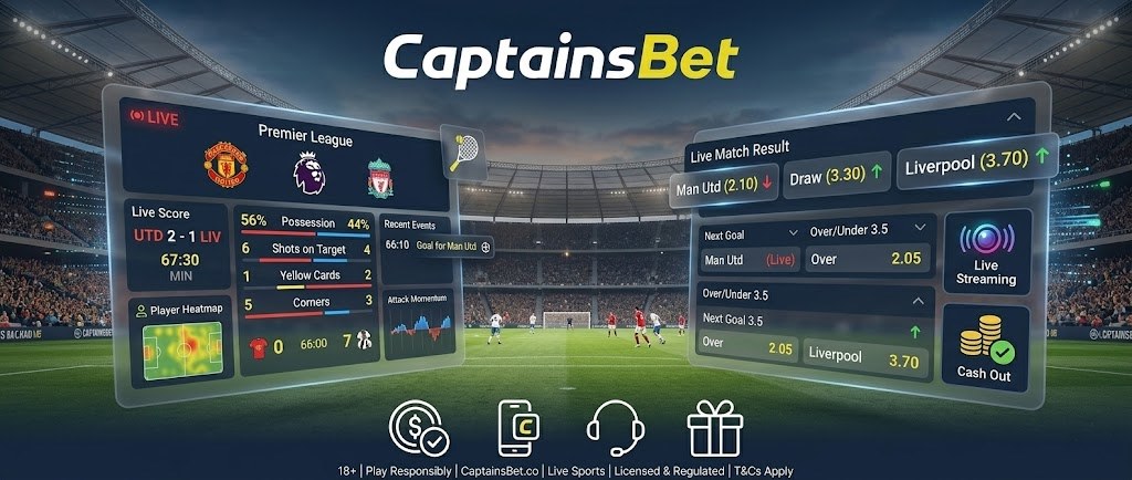 Live sports betting interface on CaptainsBet showing real-time match statistics and in-play odds