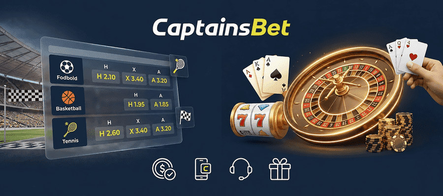 CaptainsBet officielle forsidebanner med sportsodds og online casinospil