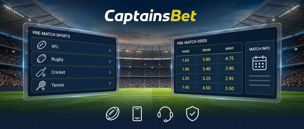 CaptainsBet Australia pre-match betting interface showing AFL, rugby, cricket and tennis odds in a stadium
