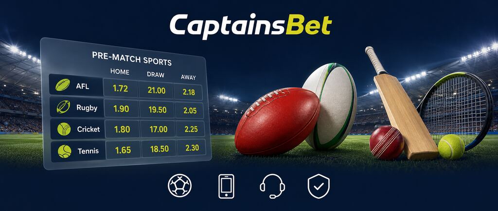 CaptainsBet Australia sports banner featuring AFL, rugby, cricket and tennis with pre-match odds
