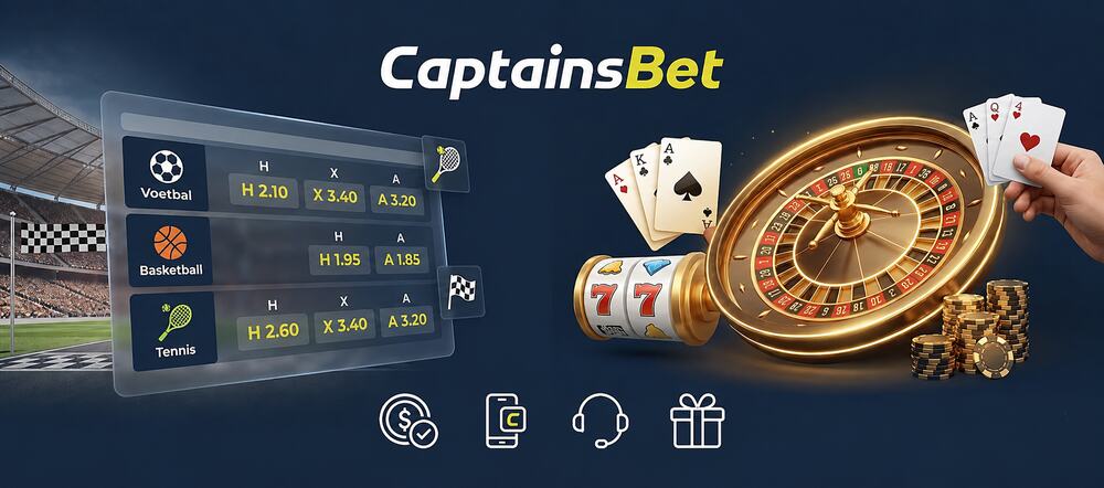 Officiële CaptainsBet-homepagebanner met sportweddenschappen-odds en online casinospellen