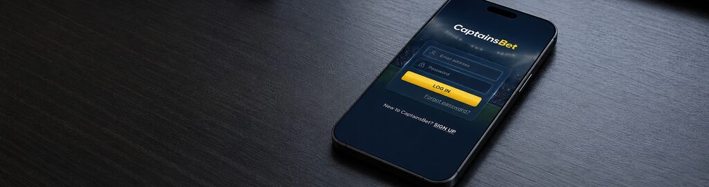 CaptainsBet login screen displayed on a smartphone with email and password fields
