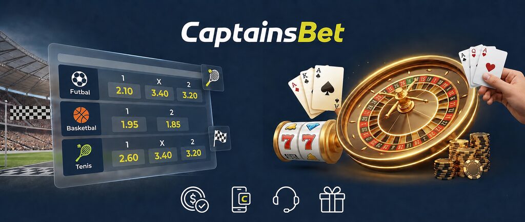 Oficiálny banner domovskej stránky CaptainsBet s kurzami na športové stávky a hrami online kasína