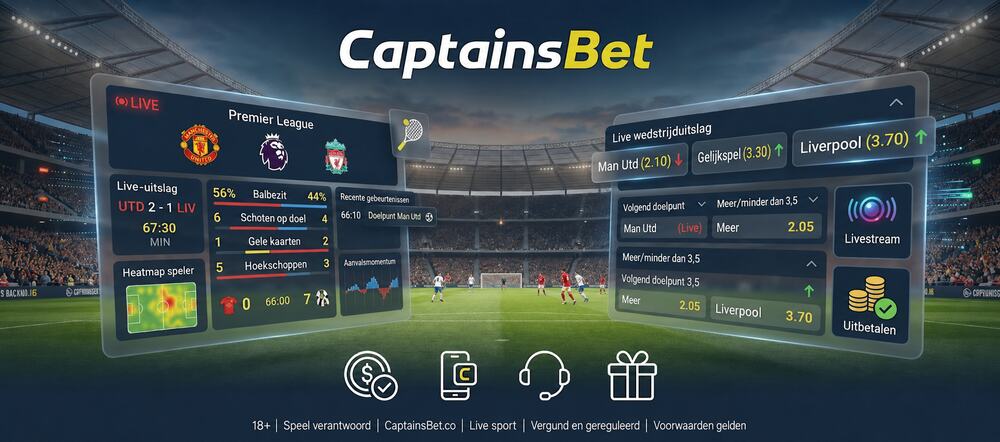 Live sportweddenschappen-interface op CaptainsBet met realtime wedstrijdstatistieken en in-play-odds