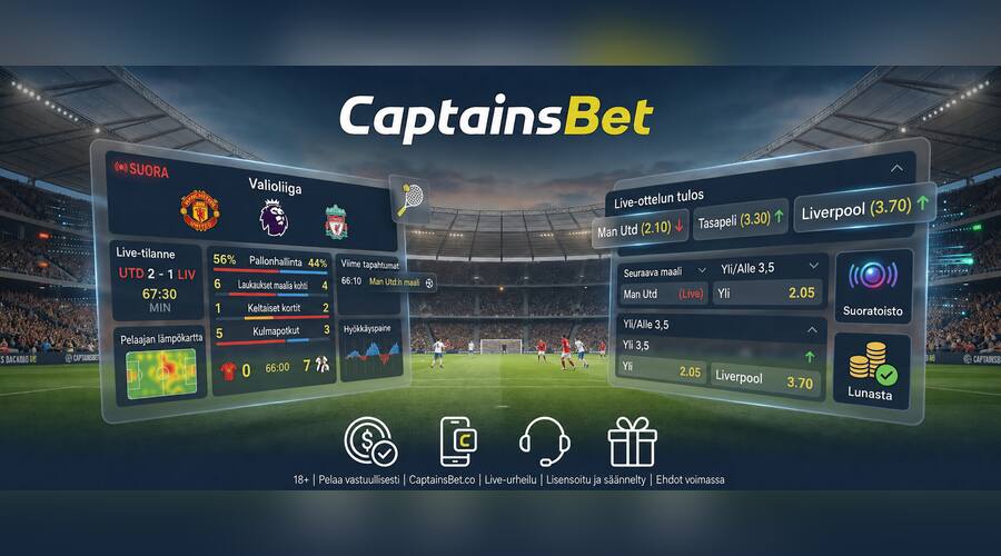 CaptainsBetin live-vedonlyöntinäkymä, jossa näkyy ottelutilastot reaaliajassa ja live-kertoimet