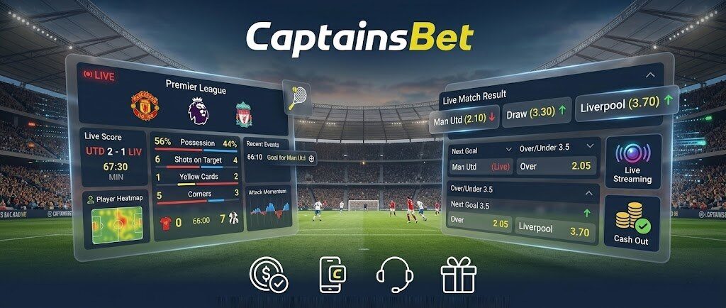 CaptainsBet live betting screen showing live score, match stats, live streaming and cash out
