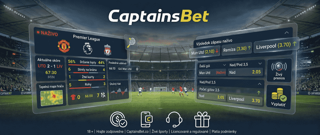 Rozhranie živého stávkovania na CaptainsBet zobrazujúce štatistiky zápasov v reálnom čase a kurzy počas hry