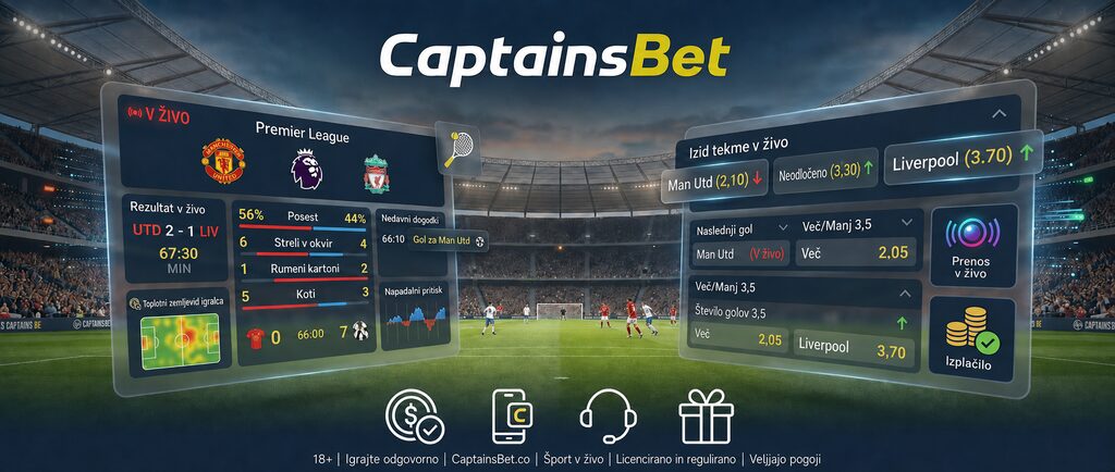 Vmesnik za stave na šport v živo pri CaptainsBet s statistiko tekem v realnem času in kvotami med igro
