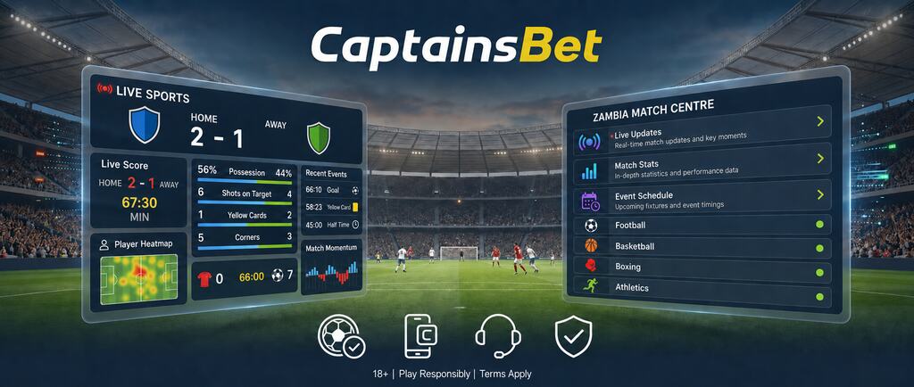 CaptainsBet Zambia live sports betting interface with match centre and in-play stats