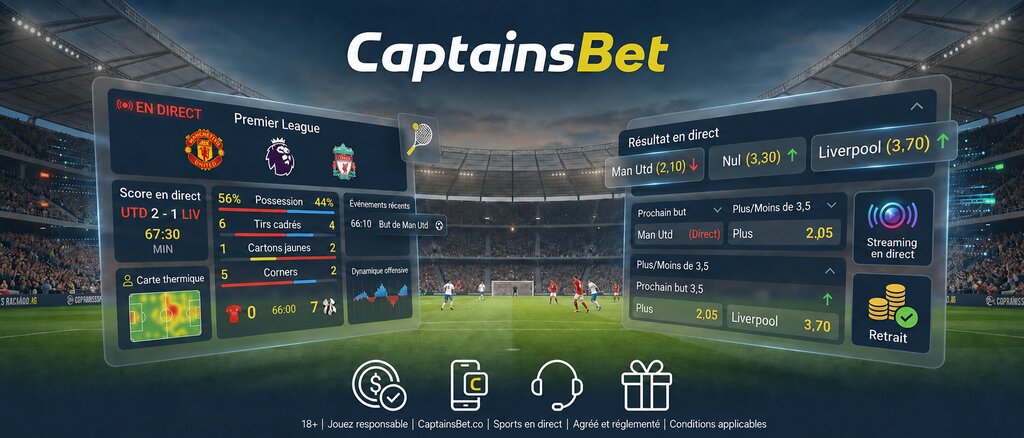 Interface de paris sportifs en direct CaptainsBet Côte d'Ivoire affichant les statistiques d'un match de Premier League en temps réel, les cotes en jeu et les options de streaming et de retrait