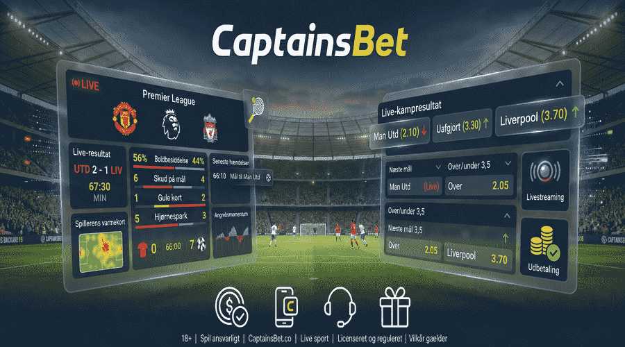 Live sportsbetting-interface på CaptainsBet med kampstatistik i realtid og in-play-odds