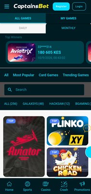 CaptainsBet crash games on mobile including Aviator with the auto-cashout multiplier visible